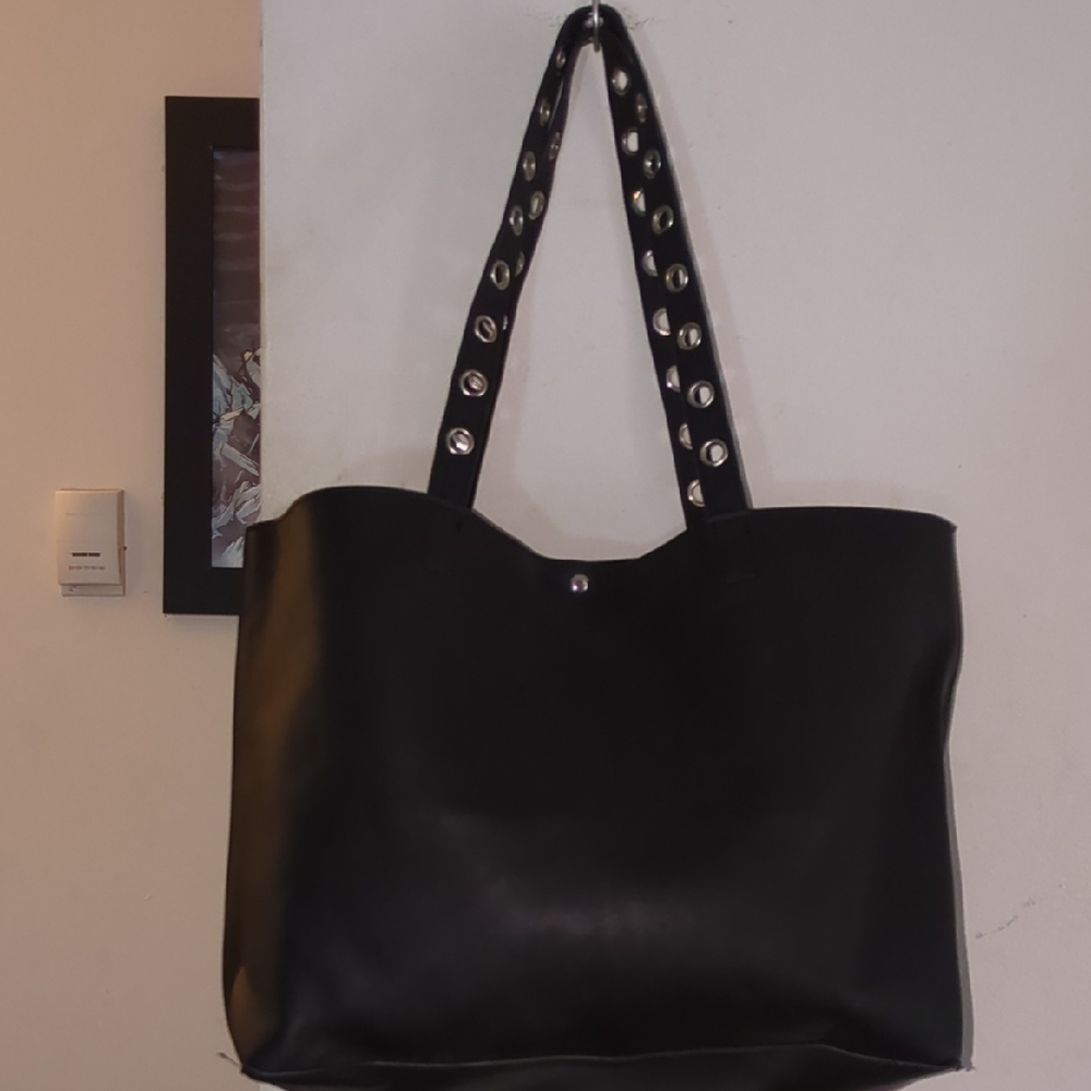 Mandee Black Tote with Silver Studded Straps
